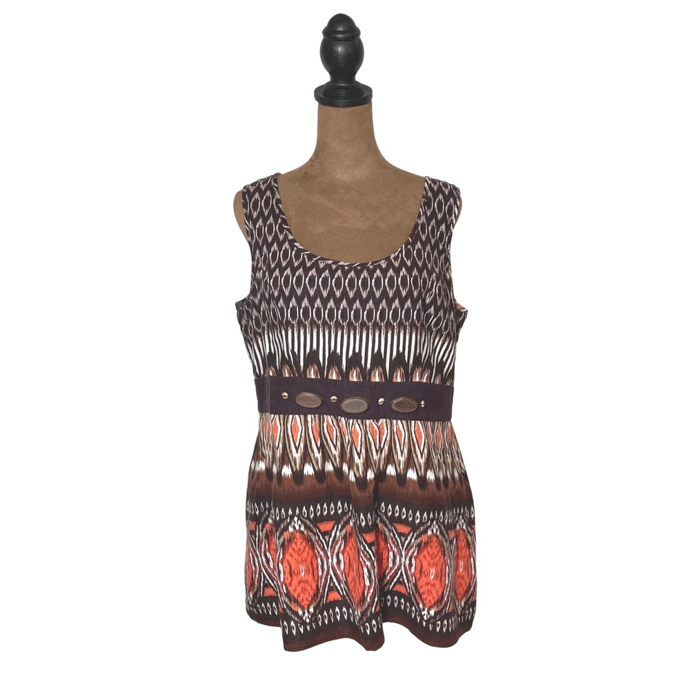 Notations Womens Brown Orange Ikat Print Linen Blend Sleeveless Tunic Top L Boho